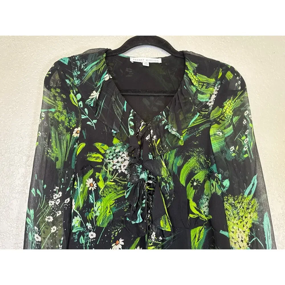 Secret Mission Silk Daisy Floral Dress Womens Medium Black Green Sheer Tiered - Picture 5 of 10
